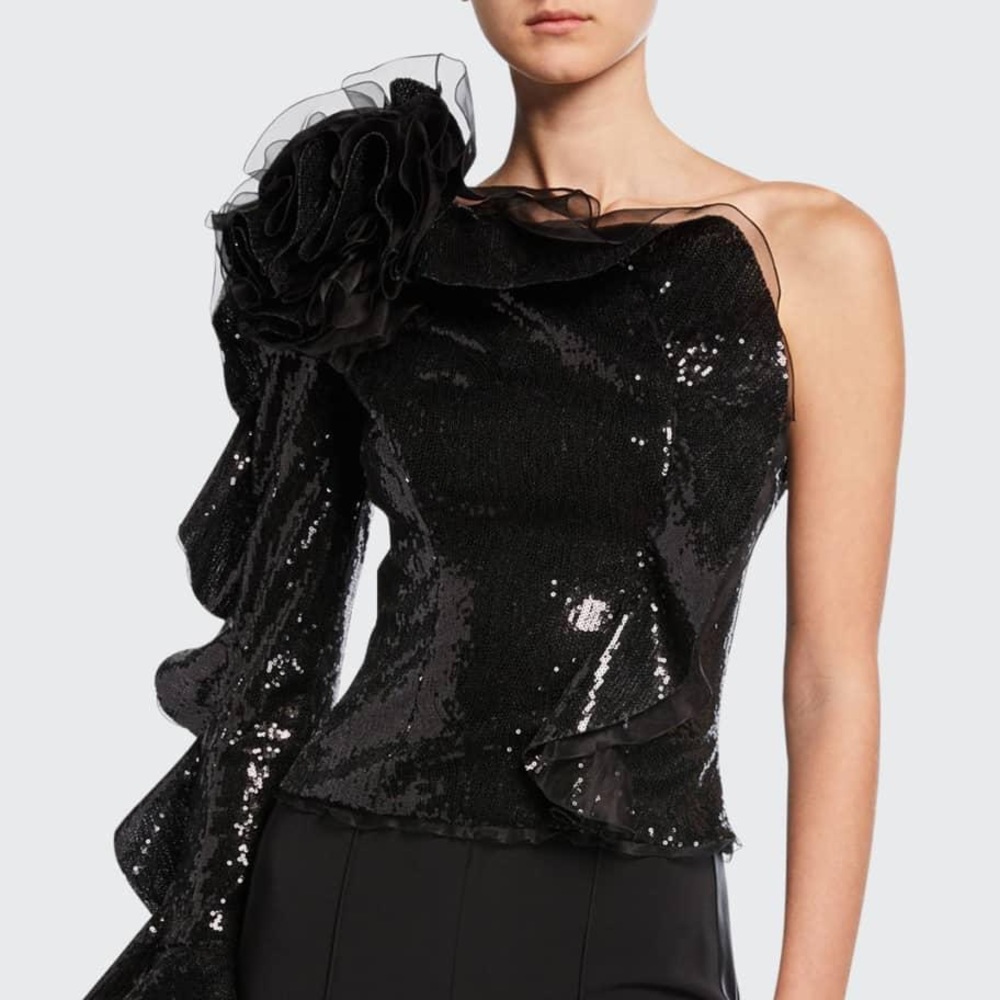 One Shoulder Ruffled Sequin Top In Black